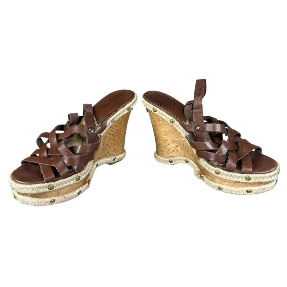 Michael Kors Y2K Brown Leather Studded Espadrille Wedge Sandals Size 6